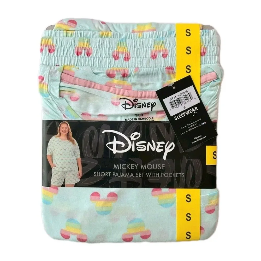 Disney Women's Mickey Mouse Short + Tee Pajama Set w/ Pockets Size S Aqua Blue - Picture 2 of 8